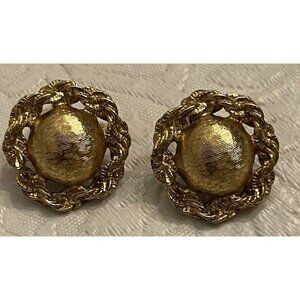 Vintage Monet Earrings Rope Round Button Textured Brushed Gold Tone Clip On